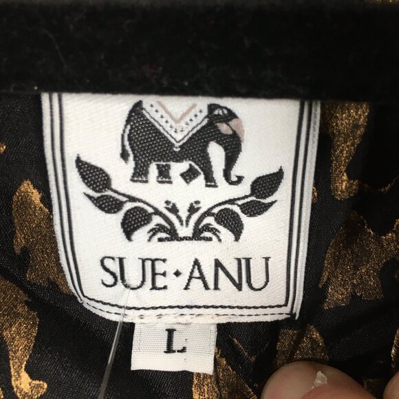 Sue.Anu Jacket Womens Large Black Gold Elephants Silk Hand Stamped Sartor Lal - Picture 3 of 16